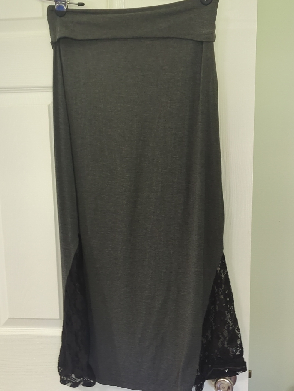 Women's Gray Maxi Skirt with Black Lace Hem Panels Large